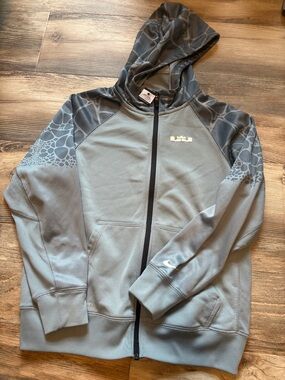Nike Gray Hooded Zip Sweatshirt with Patterned Shoulders